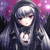 Anime-style character with long dark hair and bangs, wearing a dark hooded garment, against a purple and pink pixelated background.