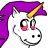 Pixelated cartoon unicorn head with purple mane, yellow horn, pink cheeks, and black eyes on white background.