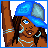 Pixel art contact sheet of an animated character in blue outfit with text panels showing sequential poses and phrases.
