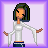 A 4-frame pixel art contact sheet showing a female character with short dark hair in white bell-sleeve top and blue pants, each frame on distinct colored background (purple, light blue, pink, green) with arms extended horizontally.