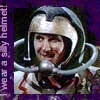 A person in a silver helmet with black accents appears in six , each showing a different facial expression and head position against a purple background with vertical text