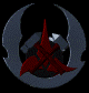 Animated sequence of a red and silver mechanical object rotating within a crescent-shaped frame against black background.