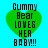 Green heart-shaped icon with black text 'Gummy Bear LOVES HER BABY!!!' on cyan background, showing pixelated variations across four views.