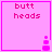 Four identical pink square with 'butt heads' text and a small pixelated figure in the bottom-right corner, each showing a different frame of a simple animation