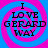 Four identical display 'I LOVE GERARD WAY' text over a blue and pink spiral background with pixelated lettering