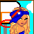 Pixel art contact sheet of a cheerleader-themed animated icon with 12 frames showing sequential basketball-related actions and text overlays.