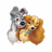 Two dogs, one gray and white with a blue nose and the other golden brown with long ears, sit closely together on a white background.