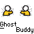 Pixelated yellow figures with white circular heads in various poses, some paired, with 'Ghost Buddy' text below each.