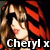 Pixelated image of a woman with brown hair and red lips, wearing a red top, with white text reading "Cheryl x" at the bottom.