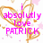 Pixelated pink text reads 'i absolutly love' above a name in all caps, with orange heart outlines and pink stars on white background.