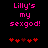 Pixelated pink text reads "Lilly's my sexgod!" above red heart symbols on a black background.