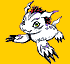 Four pixelated digital creatures on solid color backgrounds: white winged creature with red accents, brown armored figure with red armor and sword, black-and-white multi-limbed entity, gray spiked beast with red limbs.