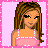 Pixel art contact sheet of a female character in pink and blue attire with text elements, arranged in 2x2 grid on pink dotted background.