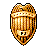 Pixelated shield-shaped icon with golden-brown tones, featuring vertical stripes and a central emblem on a gray background.