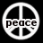Black background with white peace symbol containing 'peace' text, green hearts with 'love' text, yellow smiley face with 'happiness' text.