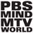 Black and white pixelated text arranged in four rows reading PBS MIND MTV WORLD on a light background.