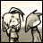 Two pixelated figures with dark hair and light skin tones, one facing forward with a neutral expression, the other turned in profile, against a gradient background.