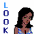 Pixelated cartoon woman with long black hair, green eyes, and a blue-and-white patterned top; vertical 'LOOK' text on left side.