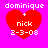 Four identical pixelated red hearts on a bright pink background, each containing white text reading 'dominique', '+ nick', and '2-3-08' in stacked lines.