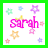 Pixelated icon with pink 'sarah' text surrounded by colorful stars and flowers on white background.