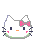 Pixelated Hello Kitty face with pink bow, black eyes, orange nose, green mouth outline, and pink cheeks; repeated in three vertical on white background with scattered pink flower shapes