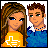 Pixel art buddy icon featuring two cartoon characters: a woman with long brown hair in an orange shirt and a man with short brown hair in a blue jacket, both facing forward against white background.