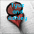 A red heart-shaped icon with a brown circular top, featuring blue pixelated text that changes across frames.
