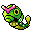 Green insectoid avatar with pink headband, blue body, and white wings in pixel art style, showing multiple animation states.