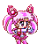 Pixel art contact sheet of a pink-haired anime-style character in three distinct poses with varying expressions and accessories, displayed on gray background.
