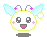Pixel art character with white face, pink cheeks, black eyes, and pink mouth; light blue wings and purple antennae with pink stars; yellow outline on gray background.