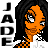Pixel art contact sheet showing three frames of an animated buddy icon with a character named Jade, featuring orange skin and black hair in various poses against a gray background.