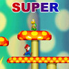 Pixelated game scene with Mario and Luigi on mushroom platforms beneath 'SUPER' text.