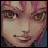 Pixelated anime-style face with pink hair and brown eyes, showing sequential text changes below the mouth.