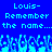 Blue background with cyan pixelated text repeating 'Louis- Remember the name...' and a of blue pixelated figures below