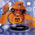 Pixelated cartoon character with orange fur, wearing a blue shirt and brown hat, holding a white object against a blue background.