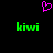 A static image with a black background features two green 'kiwi' text elements and one pink pixelated heart symbol above them.