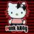 Hello Kitty with red hair and black bow, wearing striped top and dark skirt on red striped background.