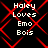 Black background with red diamond lattice pattern and white text reading 'Haley Loves Emo Bois' in four identical quadrants.