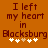 Brown background with pixelated text reading "I left my heart in Blacksburg" and five white hearts below, where the third heart is light brown.