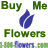 Animated sequence of blue flower icons with green 'Buy Me Flowers' text and repeating 'Flowers.com' URL background.