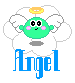 Pixelated green angel icon with white wings, yellow halo, pink cheeks, and blue 'Angel' text below on gray background.