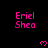 Pixelated pink text 'Eriel Shea' repeated across black background with small pink hearts, one heart partially cut off at bottom left.