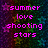 Pixelated text in bright pink reads 'summer love shooting stars' and 'with a midnight kiss' over a dark starry background with purple and blue stars, plus 'this is it <3' in the lower-left.