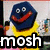 Blue hexagonal character with white eyes and red mouth in yellow shirt, displayed across four with text "mosh" below each