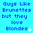 Blue background with repeated text 'Guys Like Brunettes but they love Blondes' in dark blue pixelated font, some instances have small white star or dot symbols.