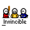 Animated contact sheet of 17 pixel art frames showing three stick figures in red, yellow, and blue shirts with a brown bat, displaying sequential combat actions against a gray background.