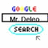 Two side-by-side Google search interface variations with 'Mr. Hudson' in the query box, one featuring a cyan oval around 'SEARCH' and an arrow icon below it.