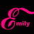 A pink stylized 'E' with leaf motifs and the text 'emily' in lowercase, displayed on both black and white backgrounds.