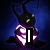 Pixelated character with black hat and yellow eyes, purple and white clothing, against dark blue background, text changes from 'I' to 'WUV' to 'you!' across frames.