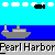 Pixelated animation of gray ships on blue water with black bombs dropping, text "Pearl Harbor" repeated, and a ship exploding in flames.